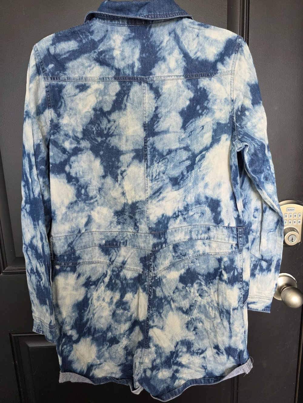 Mebon Women Tie Dye Denim Romper Blue Button Up Sz L Utility Style Long Sleeve - Picture 10 of 11
